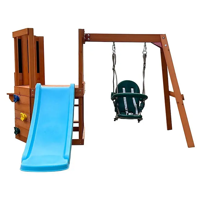 Home Deluxe Kinderspielturm ROMI - L x B x H: 216,5 x 199 x 116,1 cm, Natur - Holzspielplatz mit blauer Rutsche, Kletterwand und grüner Babyschaukel.