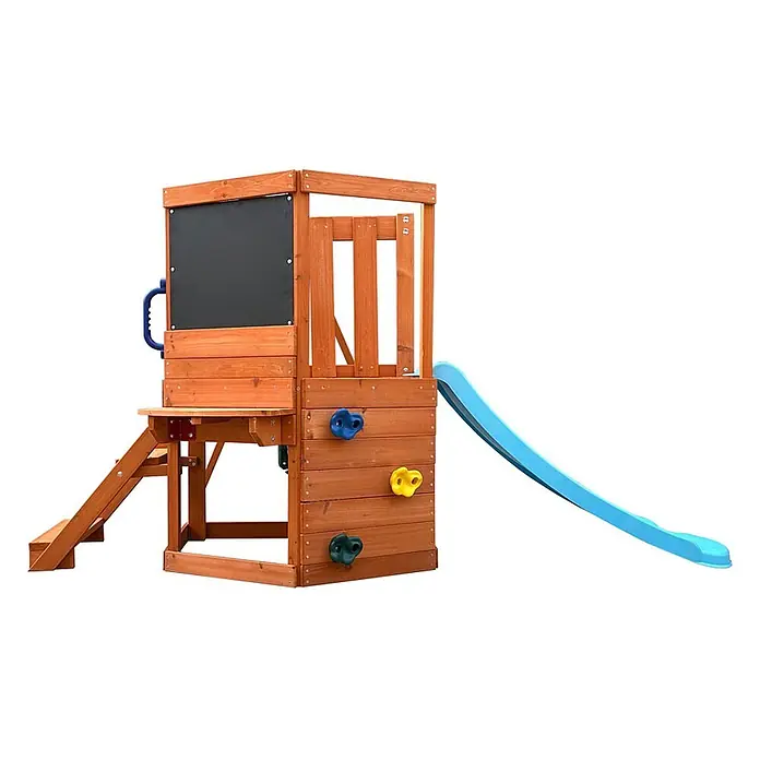 Home Deluxe Kinderspielturm ROMI - L x B x H: 216,5 x 199 x 116,1 cm, Natur - Hölzernes Kinderspielhaus mit blauer Rutsche, Kreidetafel und bunten Klettergriffen.