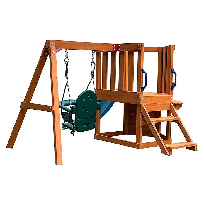 Home Deluxe Kinderspielturm ROMI - L x B x H: 216,5 x 199 x 116,1 cm, Natur - Holzspielplatz mit grüner Babyschaukel, Treppe und Plattform. Blaue Griffe und rote Metallverbinder für sicheres Spielen im Freien.