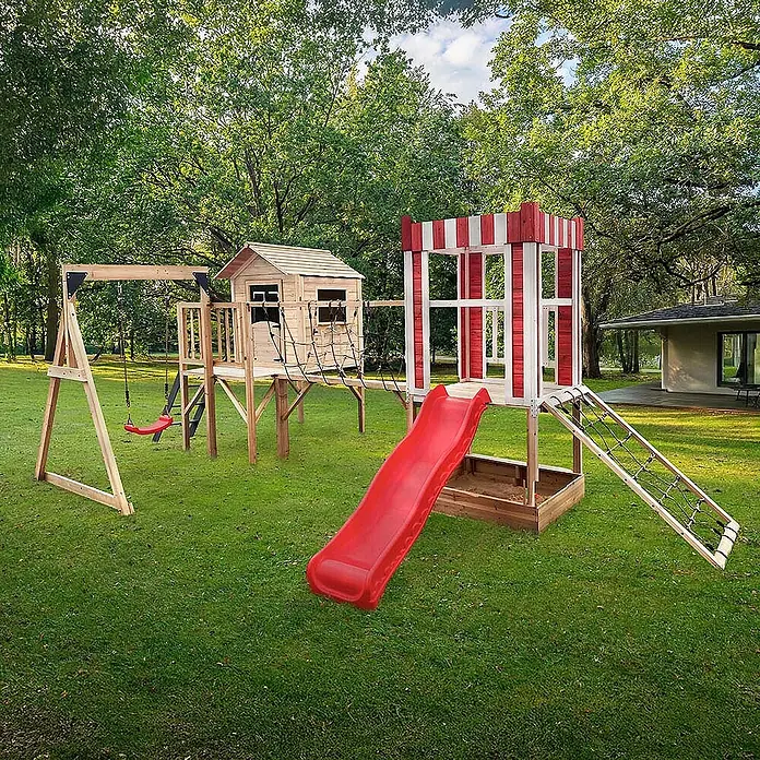 Home Deluxe Kinderspielturm WUNDERLAND inkl. Schaukel und Rutsche - Braun - Hölzernes Spielturm-Set mit Schaukel, Spielhaus, roter Rutsche und Kletternetz.