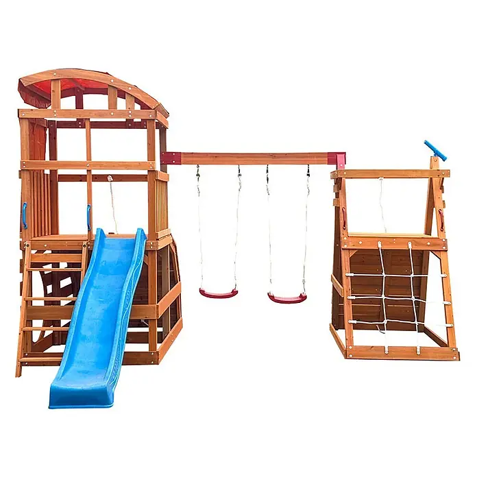 Home Deluxe Kinderspielturm NIA - L x B x H: 448,4 x 420 x 278,4 cm, Holz - Hölzernes Spielgerüst mit blauer Rutsche, roten Schaukeln und Kletternetz für draußen.