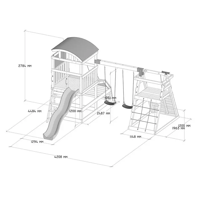 Home Deluxe Kinderspielturm NIA - L x B x H: 448,4 x 420 x 278,4 cm, Holz - Holzspielplatz mit Turm, Rutsche, Schaukeln und Kletternetz, mit detaillierten Maßen.