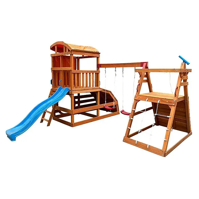 Home Deluxe Kinderspielturm NIA - L x B x H: 448,4 x 420 x 278,4 cm, Holz - Hölzernes Spielgerüst mit blauer Rutsche, zwei roten Schaukeln und Kletterseilnetz. Es verfügt über zwei Türme und eine Schaukelstange.