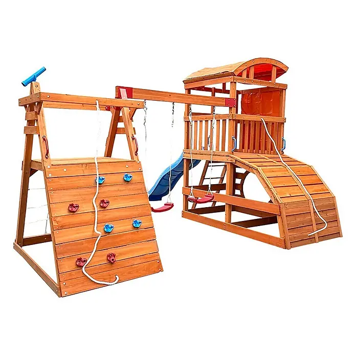 Home Deluxe Kinderspielturm NIA - L x B x H: 448,4 x 420 x 278,4 cm, Holz - Multifunktionales Holzspielgerät mit Rutsche, Schaukeln, Kletterwand und Spielturm. Naturholz, blaue Rutsche und bunte Klettergriffe.