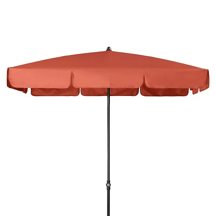 Doppler Sunline Marktschirm Waterproof Neo - Terra, Bespannungsmaß (L x B): 185 x 120 cm - Nahaufnahme eines quadratischen korallenroten Gartenschirms mit einem schwarzen Mast und einem kleinen Drehknopf, der zusätzlichen Schatten bietet.