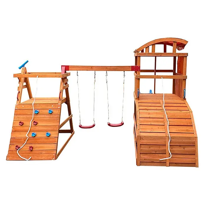 Home Deluxe Kinderspielturm NIA - L x B x H: 448,4 x 420 x 278,4 cm, Holz - Rotbraunes Holzspielgerüst mit Kletterwand, zwei roten Schaukeln und einer Rampe zu einem Aussichtsturm.