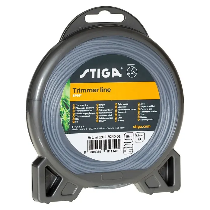 Stiga Ersatzfadenspule - Fadenlänge: 15 m, Fadenstärke: 1,6 mm - Graue Stiga Trimmerfaden, 15m lang, 1,6mm Durchmesser, gewellt, auf einer Spule.