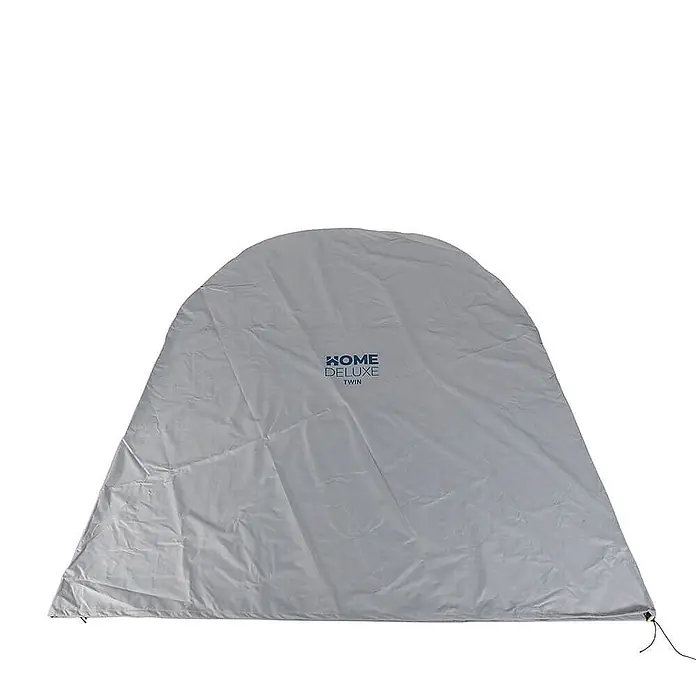 Home Deluxe Hängesessel Regenabdeckung CAPE TWIN - Kunststoff, Grau - Gewölbte hellgraue Wetterschutzhülle für eine zweisitzige Gartenschaukel, mit „Home Deluxe Twin“-Branding.