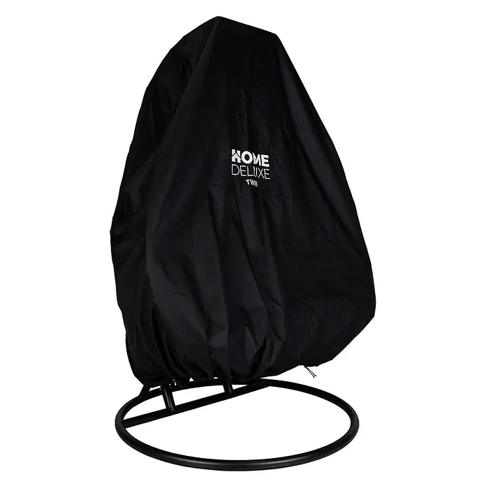 Home Deluxe Hängesessel Regenabdeckung CAPE TWIN - Kunststoff, Schwarz - Schwarze Schutzhülle für Schaukelstuhl, mit 'HOME DELUXE TWIN' Logo, die runde Basis ist sichtbar.