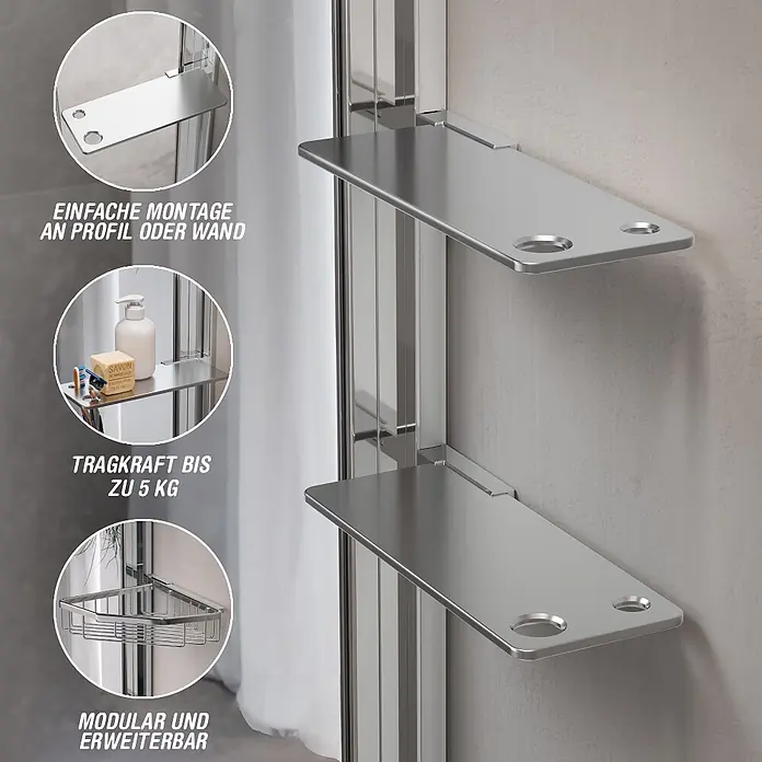Camargue Varion Duschablage-Set - L x B x H: 2,5 x 11,5 x 21,5 cm, Silber, Glänzend - Modulare silberne Duschablagen aus Metall mit runden Aussparungen, an einem Profil montiert.