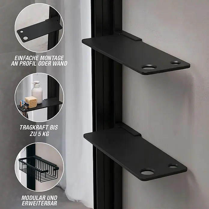 Camargue Varion Duschablage-Set - L x B x H: 25 x 11,5 x 21,5 cm, Schwarz, Matt - Schwarzes modulares Regalsystem mit zwei Ablagen, zur Wand- oder Profilmontage geeignet, erweiterbar.