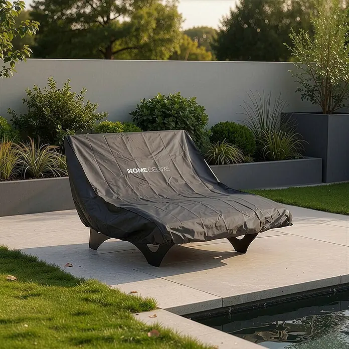 Home Deluxe Hängesessel Regenabdeckung CAPE TAIGA / NIRA - Kunststoff, Schwarz - Dunkelgraue Schutzhülle für eine Gartenliege, in einem modernen Garten am Pool.