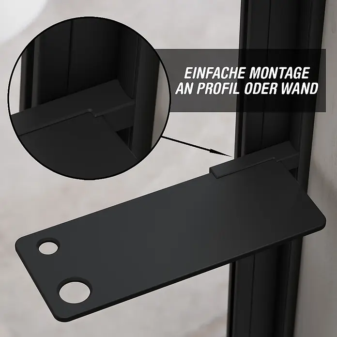 Camargue Varion Duschablage-Set - L x B x H: 25 x 11,5 x 21,5 cm, Schwarz, Matt - Schwarze, rechteckige Montageplatte mit zwei Löchern zur einfachen Befestigung an Profil oder Wand.