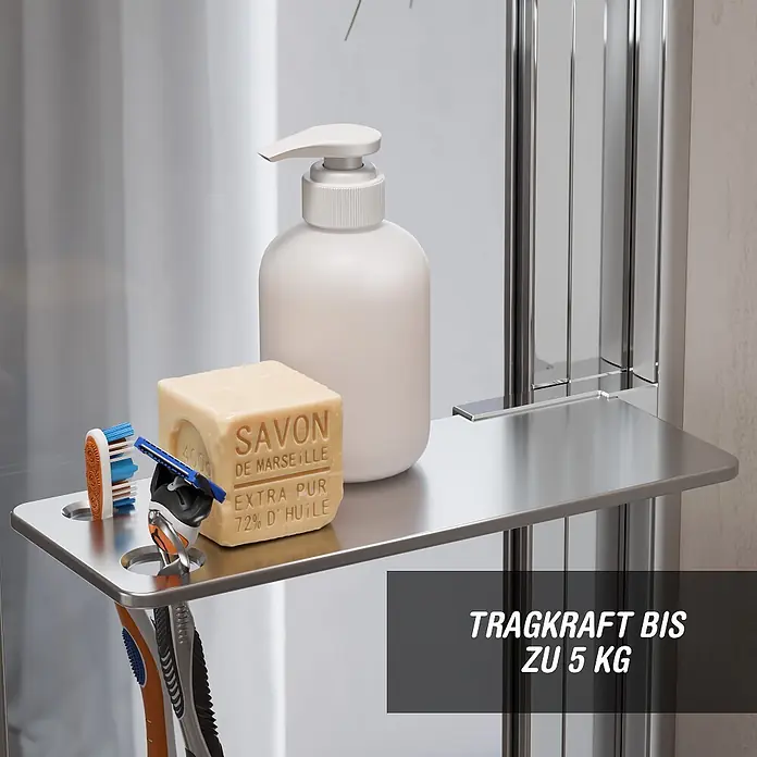 Camargue Varion Duschablage-Set - L x B x H: 2,5 x 11,5 x 21,5 cm, Silber, Glänzend - Chromfarbene Duschablage mit Seifenspender, Seife, Zahnbürste und Rasierer, tragfähig bis 5 kg.