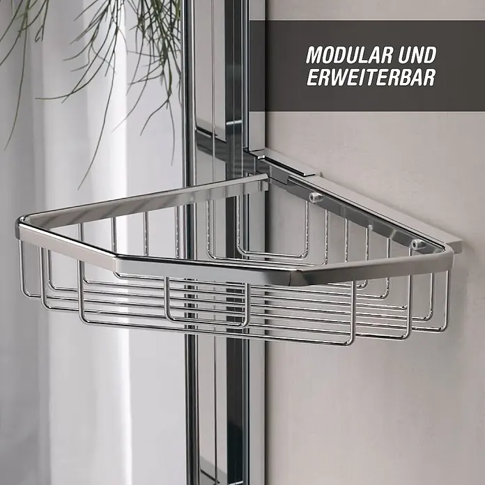Camargue Varion Duschablage-Set - L x B x H: 2,5 x 11,5 x 21,5 cm, Silber, Glänzend - Verchromter Eck-Duschkorb für modularen und erweiterbaren Badstauraum, in einer Dusche montiert.