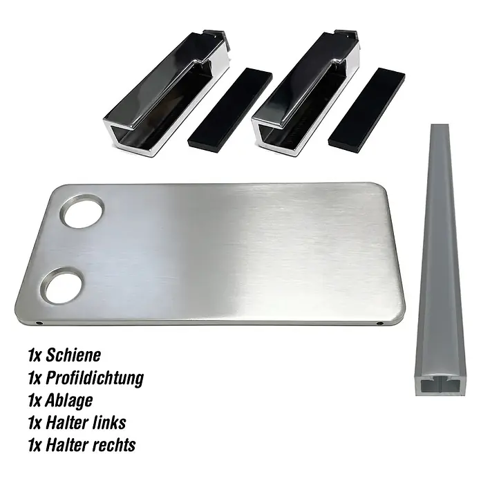 Camargue Varion Duschablage-Set - L x B x H: 2,5 x 11,5 x 21,5 cm, Silber, Glänzend - Set aus gebürsteter Edelstahlablage, zwei Chromhaltern mit schwarzen Einsätzen und einer silbernen Aluminiumschiene. Komponenten für ein modulares Ablagesystem.