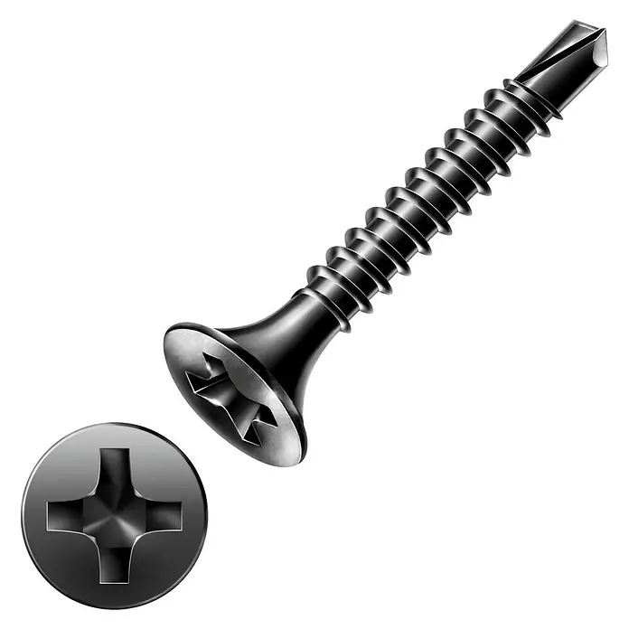 Spax Trockenbauschraube GIX DØ x L: 3,5 x 25 mm, Trompetenkopf, 200 Stk. - Nahaufnahme einer schwarzen Blechschraube mit Kreuzschlitzkopf und daneben ein passender Schraubenkopf.