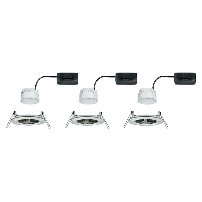 Paulmann Nova LED-Einbauleuchten-Set - 6,5 W, 3 Stk., Warmweiß, Durchmesser: 7,8 cm, Eisen gebürstet - Drei LED-Deckeneinbaustrahler, bestehend aus schwarzem Transformator, weißem Lampenkopf und silberfarbenem Einbauring.