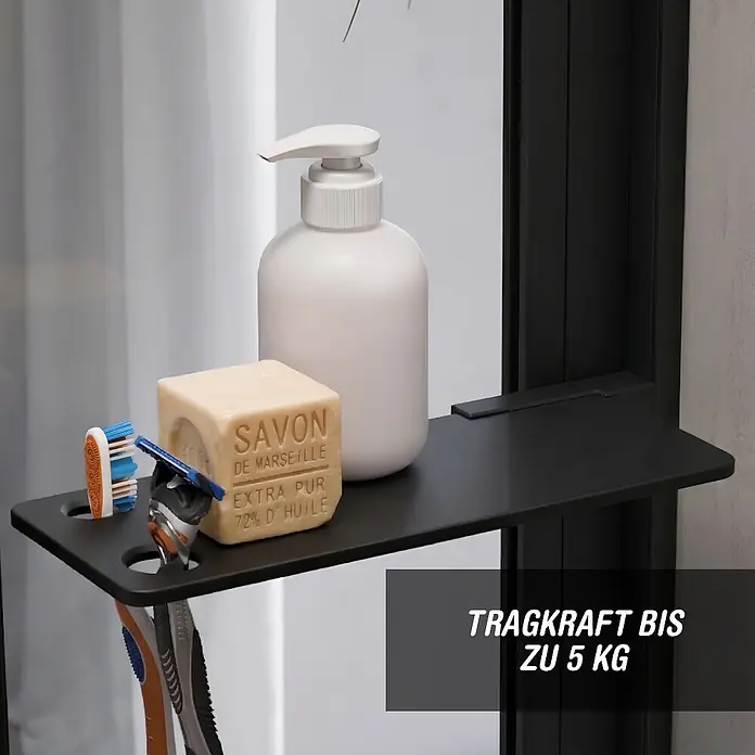 Camargue Varion Duschablage-Set - L x B x H: 25 x 11,5 x 21,5 cm, Schwarz, Matt - Schwarze Duschablage für Pflegeprodukte am Duschrahmen montiert. Tragkraft bis 5 kg.