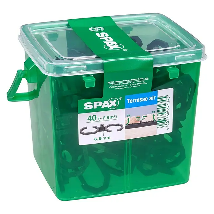 Spax Abstandhalter Air - 40 Stk., Stärke: 6,5 mm - Eine grüne Kunststoffbox mit Spax-Terrassendielen-Abstandshaltern, die für eine optimale Luftzirkulation und eine lange Lebensdauer der Terrasse sorgen.