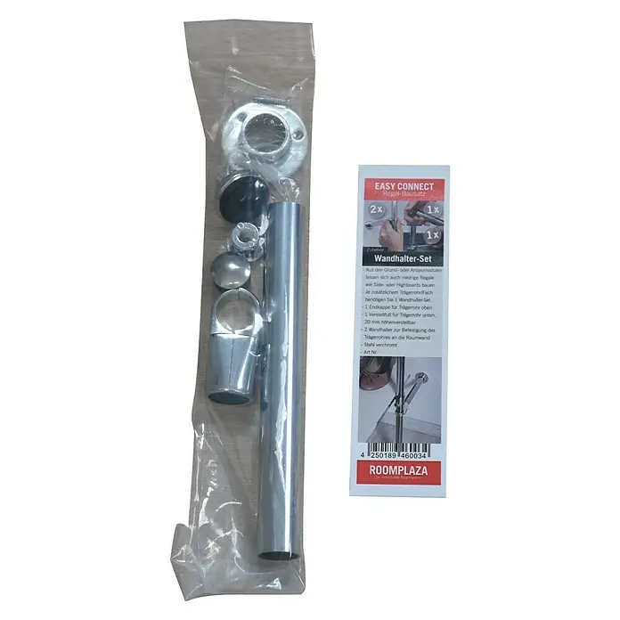 Easy Connect Wandhalter-Set - Passend für: Easy Connect Regalsystem, Chrom, 1 Stk. - Bild eines Wandhalter-Sets mit Endkappe, verstellbarem Fuß und Wandhaltern zur Befestigung von Trägerrohren. Stahl verchromt und einfach zu montieren.