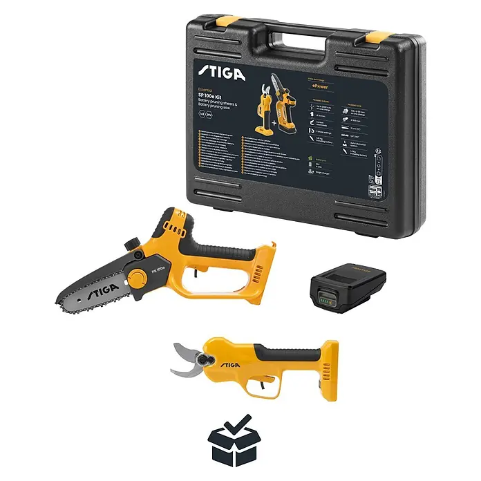 Stiga 100er Serie Akku-Astsäge PR100E & SC100E KIT - 2 Ah, Li-Ionen, 1 Akku - STIGA SP 100e Kit mit schwarz-gelber Akku-Astschere und Säge, Akku, Ladegerät und schwarzem Koffer.