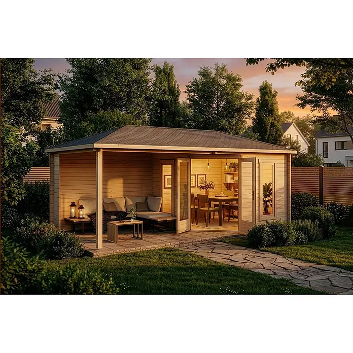 Alpholz Gartenhaus Liwa - Außenmaß inkl. Dachüberstand (B x T): 614 x 317 cm, Holz, Naturbelassen - Hölzernes Gartenhaus mit überdachter Terrasse und offenen Türen, die einen Essbereich enthüllen, in üppigem Garten bei Sonnenuntergang.
