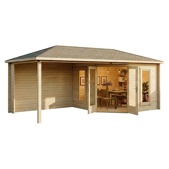 Alpholz Gartenhaus Liwa - Außenmaß inkl. Dachüberstand (B x T): 614 x 317 cm, Holz, Naturbelassen - Helles Holz-Gartenhaus mit grauem Dach und offenen Doppeltüren, die einen einladenden Innenraum mit Möbeln zeigen.