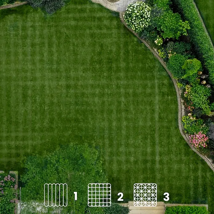 Stiga Mähroboter A 10 V - 1.000 m², Schnittbreite: 18 cm, Kamera-gestützte Navigation, RTK - Drei weiße Gittermuster: parallele Streifen (1), quadratisches Netz (2) und diagonales Gitter (3) zur Rasenverstärkung.