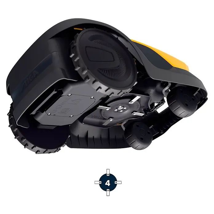 Stiga Mähroboter A 10 V - 1.000 m², Schnittbreite: 18 cm, Kamera-gestützte Navigation, RTK - Schwarzer und gelber Rasenroboter, von unten gesehen, mit Schneidemessern und strukturierten Antriebsrädern.
