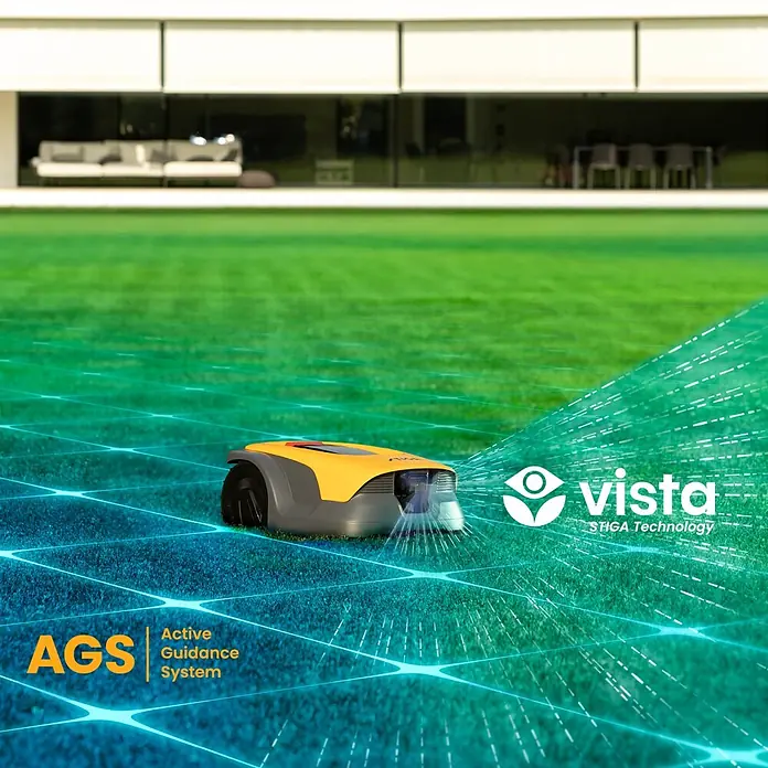 Stiga Mähroboter A 10 V - 1.000 m², Schnittbreite: 18 cm, Kamera-gestützte Navigation, RTK - Gelb-grauer Mähroboter, der smarte Führungstechnologie demonstriert.