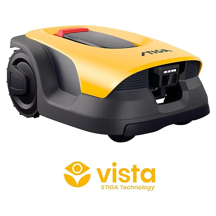 Stiga Mähroboter A 10 V - 1.000 m², Schnittbreite: 18 cm, Kamera-gestützte Navigation, RTK - Gelber und dunkelgrauer Mähroboter zur autonomen Rasenpflege, mit Frontkamera.