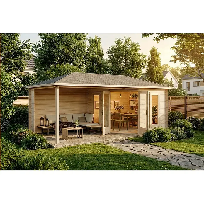 Alpholz Gartenhaus Liwa - Außenmaß inkl. Dachüberstand (B x T): 614 x 317 cm, Holz, Naturbelassen - Hölzernes Gartenhaus mit überdachter Terrasse und integriertem Essbereich im Garten.