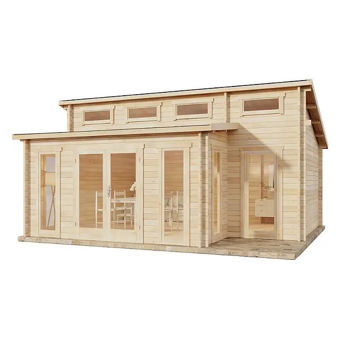 Alpholz Gartenhaus Lausitz Prima - Außenmaß inkl. Dachüberstand (B x T): 590 x 540 cm, Holz, Naturbelassen - Gartenhaus aus hellem Holz mit großen Glastüren und hohen Fenstern, im modernen Blockhaus-Design.