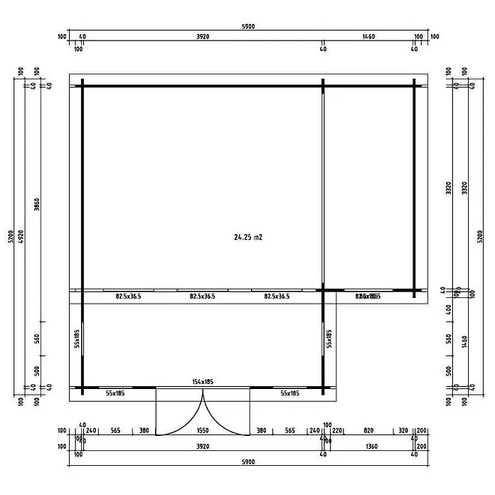 Alpholz Gartenhaus Lausitz Prima - Außenmaß inkl. Dachüberstand (B x T): 590 x 540 cm, Holz, Naturbelassen - Grundriss mit Maßen und Anordnung einer eingeschossigen Struktur, zeigt eine Fläche von 24,25 m².