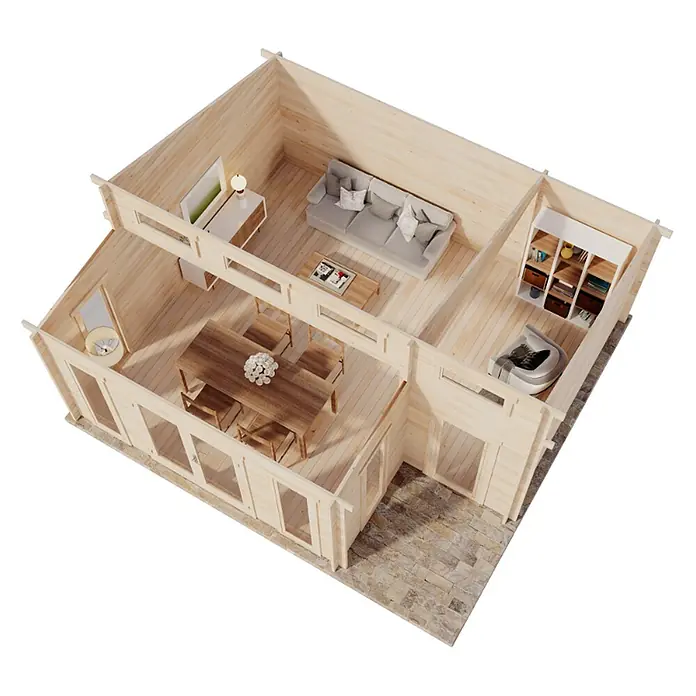 Alpholz Gartenhaus Lausitz Prima - Außenmaß inkl. Dachüberstand (B x T): 590 x 540 cm, Holz, Naturbelassen - Offener Blockhütten-Innenraum aus hellem Holz, mit Wohn-, Ess- und Entspannungsbereichen.