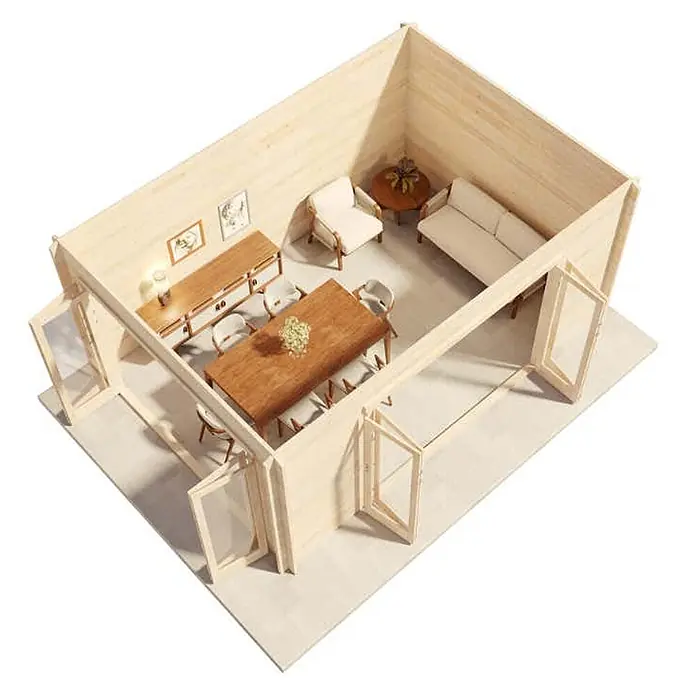 Alpholz Gartenhaus Sunrise - Außenmaß inkl. Dachüberstand (B x T): 520 x 372 cm, Holz, Naturbelassen - Hölzernes Miniaturhaus-Interieur mit eingerichteten Ess- und Wohnbereichen, inkl. Tisch, Stühlen, Sofa und Sessel.