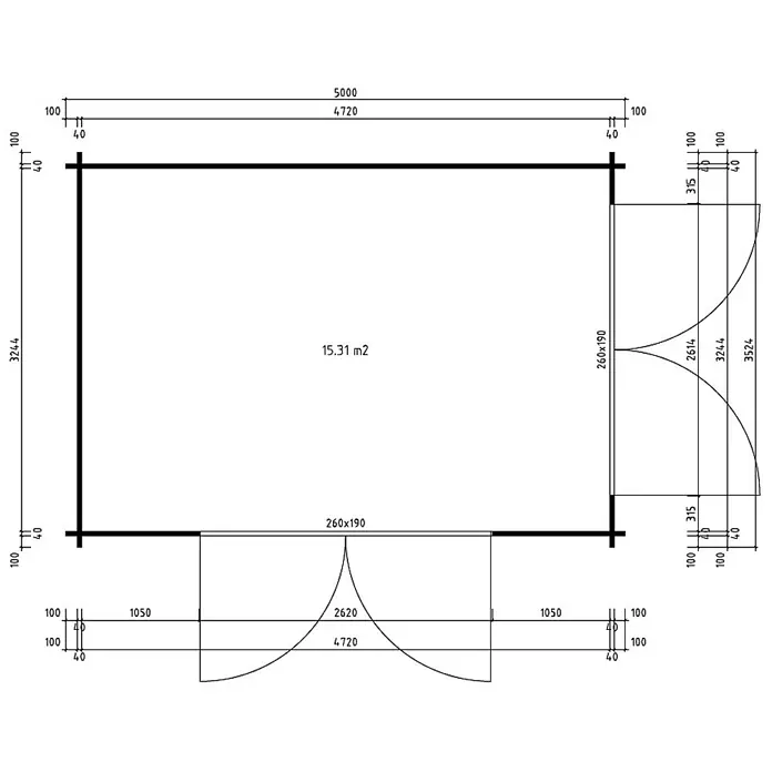Alpholz Gartenhaus Sunrise - Außenmaß inkl. Dachüberstand (B x T): 520 x 372 cm, Holz, Naturbelassen - Grundriss einer 15,31 m² großen rechteckigen Hütte, außen 5000x3524 mm, mit zwei Doppeltüröffnungen.