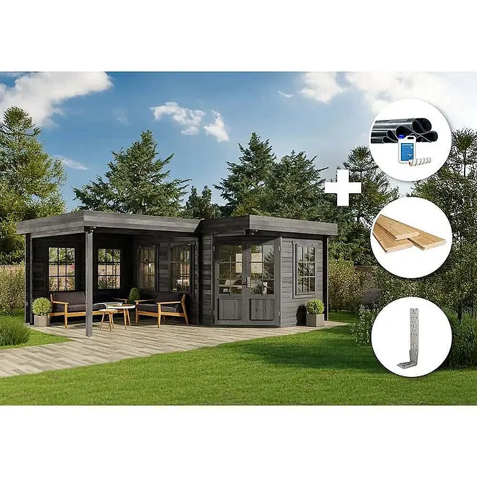 Alpholz Gartenhaus ECO Set Pepe grau - Außenmaß inkl. Dachüberstand (B x T): 618 x 462 cm, Holz, Grau - Dunkelgraues Gartenhaus mit überdachter Terrasse im Garten, plus Drainagerohre, Holzbretter und Metallwinkel.