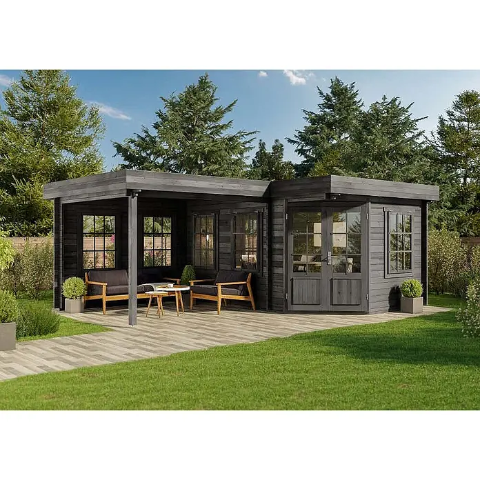 Alpholz Gartenhaus ECO Set Pepe grau - Außenmaß inkl. Dachüberstand (B x T): 618 x 462 cm, Holz, Grau - Dunkelgraues L-förmiges Gartenhaus aus Holz mit integrierter Veranda und Gartenmöbeln, in einem Garten.