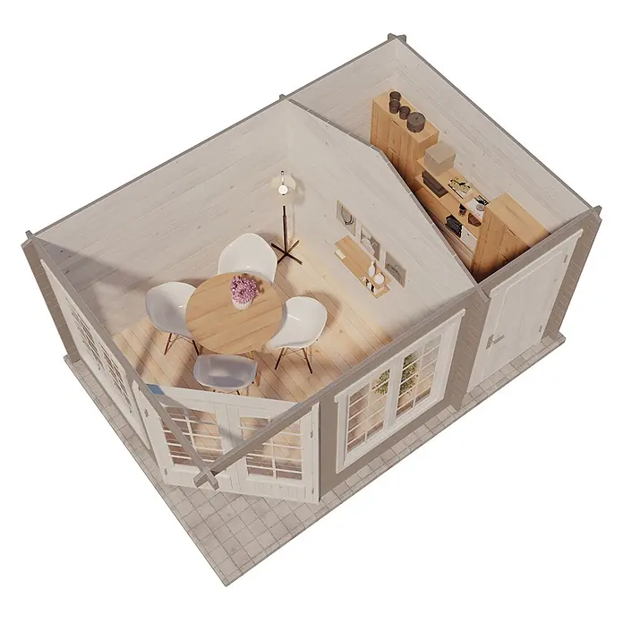 Alpholz Gartenhaus Josephine - Außenmaß inkl. Dachüberstand (B x T): 452 x 312 cm, Holz, Naturbelassen - Isometrische Ansicht eines hellen Holz-Gartenbüros oder -Schuppens mit Essbereich und separatem Abstell-/Hauswirtschaftsbereich.