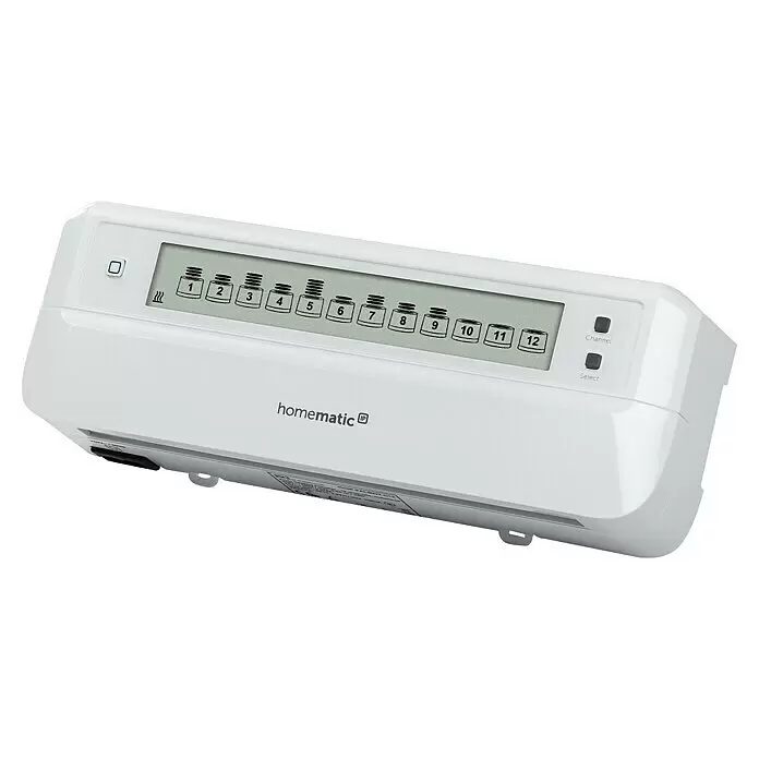 Homematic IP Regulador para suelos radiantes HmIP-FALMOT-C12 - Blanco, Suelo radiante por agua, máximo 12 zonas de calefacción - Unidad de control Homematic IP blanca para hogar inteligente con pantalla LCD que muestra 12 canales y botones.