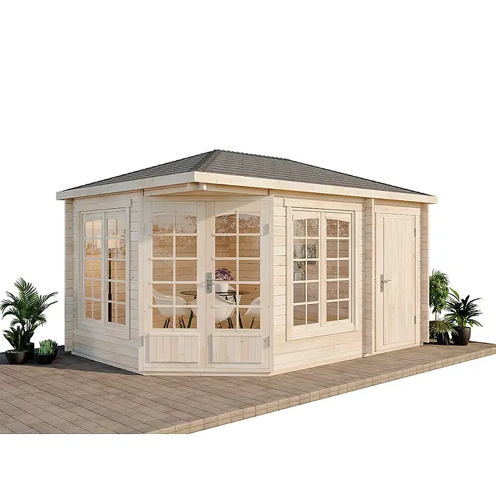 Alpholz Gartenhaus Josephine - Außenmaß inkl. Dachüberstand (B x T): 452 x 312 cm, Holz, Naturbelassen - Gartenhaus aus hellem Holz mit Fenstern und Tür, auf gepflastertem Untergrund.