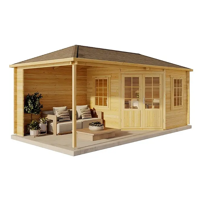 Alpholz Gartenhaus Mosel - Außenmaß inkl. Dachüberstand (B x T): 614 x 317 cm, Holz, Pinie - Helles Gartenhaus aus Holz mit integrierter überdachter Terrasse, großen Glastüren und dunklem Dach.
