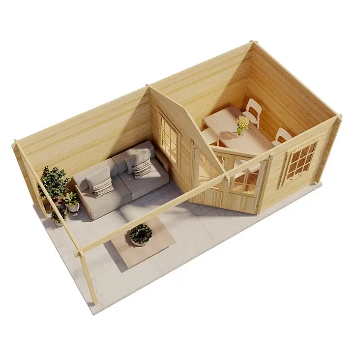 Alpholz Gartenhaus Mosel - Außenmaß inkl. Dachüberstand (B x T): 614 x 317 cm, Holz, Pinie - Helles Gartenhaus aus Holz mit Essbereich und überdachter Terrasse mit Sofa.