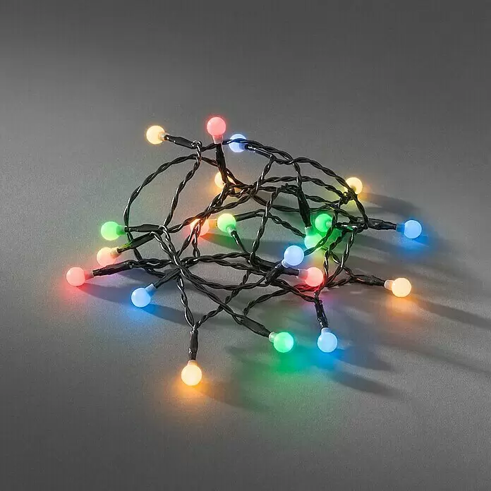 Konstsmide LED-Lichterkette Globe - Innen, Lichtfarbe: Mehrfarbig, Anzahl Leuchtmittel: 20 Stk., Batteriebetrieben - Verknäuelte, mehrfarbige LED-Lichterkette mit kleinen runden Glühbirnen an einem schwarzen Draht.