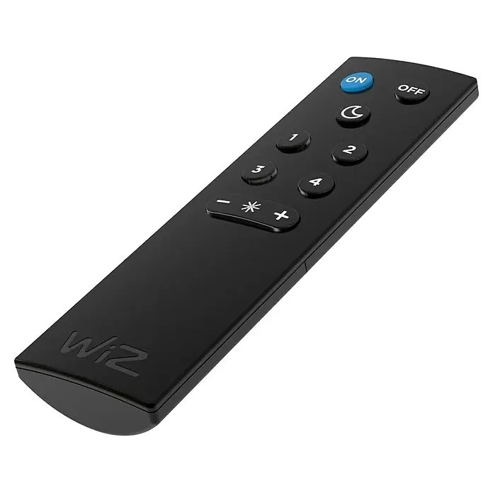WiZ Fernbedienung - Schwarz, L x B: 13 x 3,4 cm - Schwarze WiZ-Fernbedienung mit Tasten für Ein/Aus, Helligkeit und voreingestellte Szenen für smarte Beleuchtung.