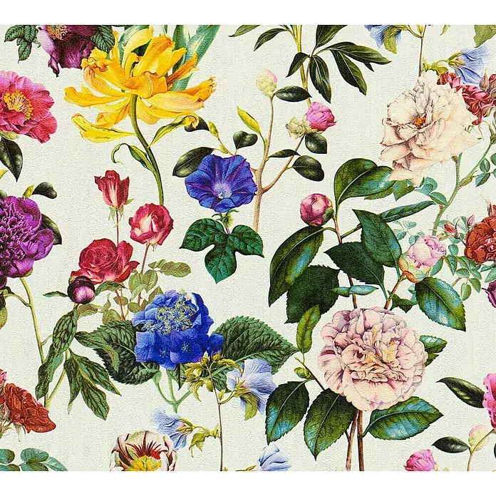 A.S. Création Trendwall Vliestapete Blumenwiese - Bunt/Weiß, Floral, 10,05 x 0,53 m - Florales Muster mit einer Vielzahl von Blumen in leuchtenden Farben und verschiedenen Formen auf hellem Hintergrund.