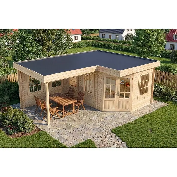 Alpholz Gartenhaus Pepe - Außenmaß inkl. Dachüberstand (B x T): 618 x 462 cm, Holz, Naturbelassen - Helles L-förmiges Gartenhaus aus Holz mit flachem dunklem Dach und integrierter überdachter Terrasse mit Essgruppe.