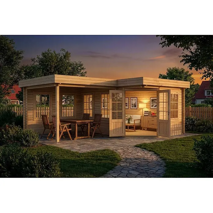 Alpholz Gartenhaus Pepe - Außenmaß inkl. Dachüberstand (B x T): 618 x 462 cm, Holz, Naturbelassen - Holz-Gartenhaus in L-Form mit Essbereich draußen und beleuchtetem Wohnbereich innen bei Sonnenuntergang.